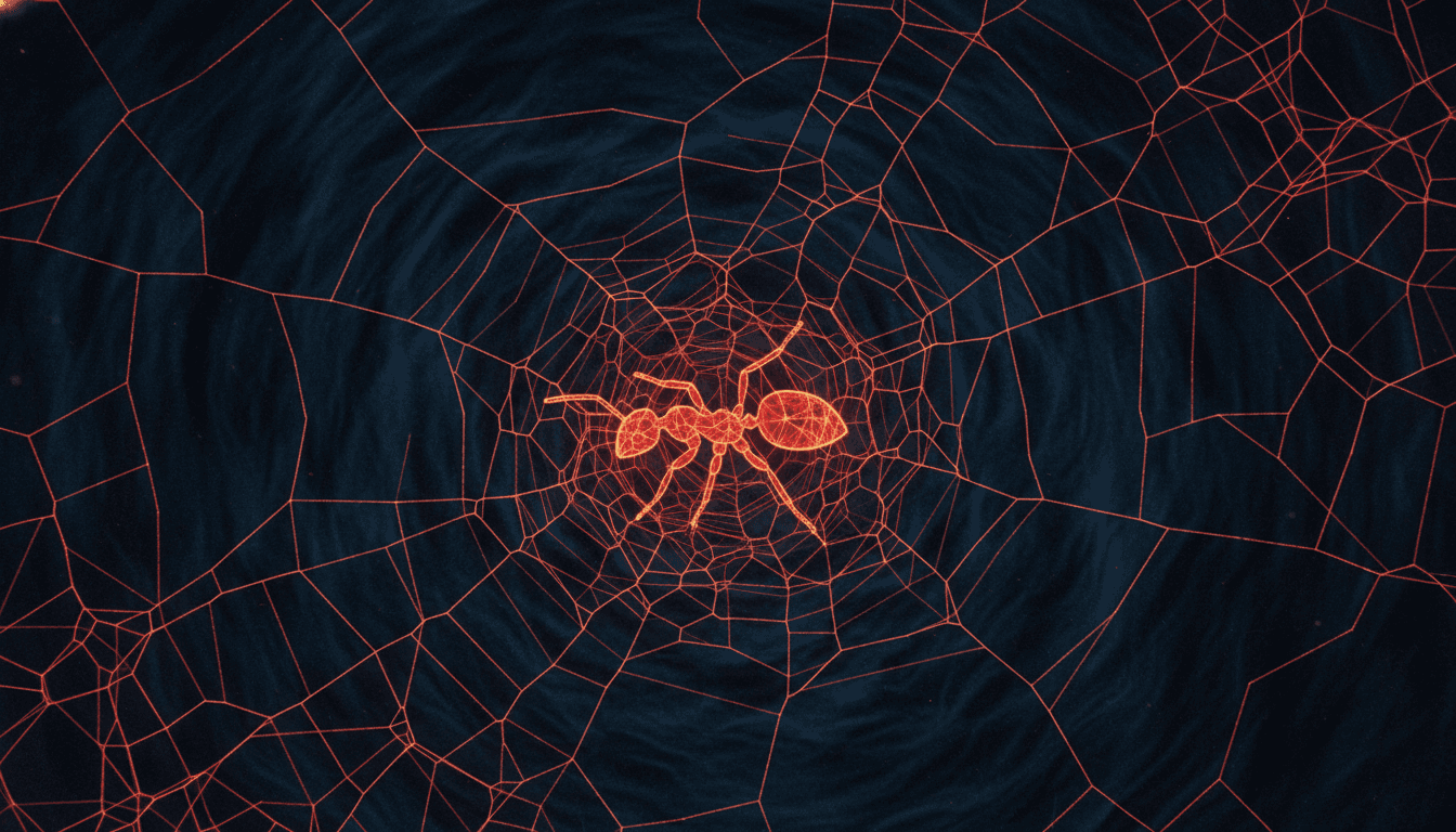 A conceptual image representing the surging global wildlife black market, with a subtle depiction of an ant in a web of interconnected lines.