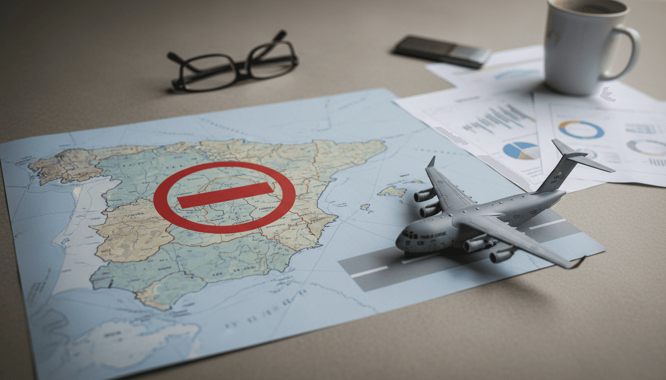 A detailed map of Spain's airspace with a red 'no entry' symbol over it, specifically highlighting routes for US military aircraft, next to a miniature model of a US military transport plane.