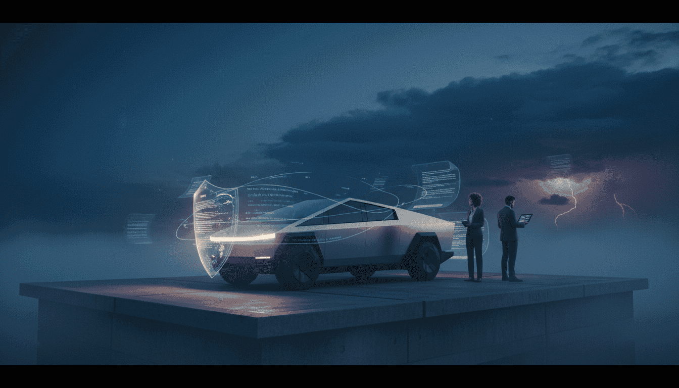 A Tesla vehicle, shrouded in a subtle digital glow, navigates a complex urban environment, symbolizing a landmark Tesla autonomy win. The car's path is clear but surrounded by faint, almost translucent regulatory documents and legal scales, representing ongoing scrutiny despite the victory.