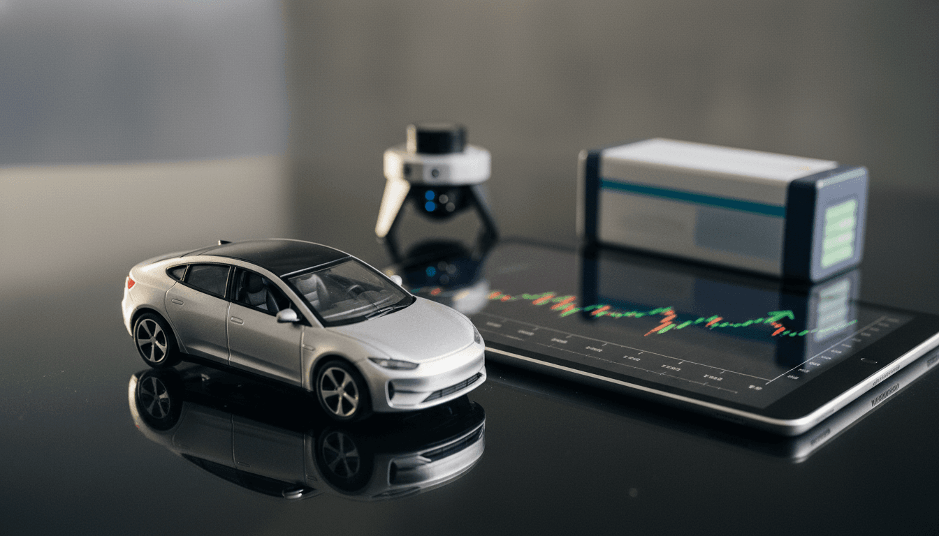 A composed still life featuring a miniature electric vehicle model, a tablet displaying stock market charts with upward trends, a small LiDAR sensor model, and a stylized battery pack, all arranged on a polished surface to represent EV stocks to watch and autonomous technology.