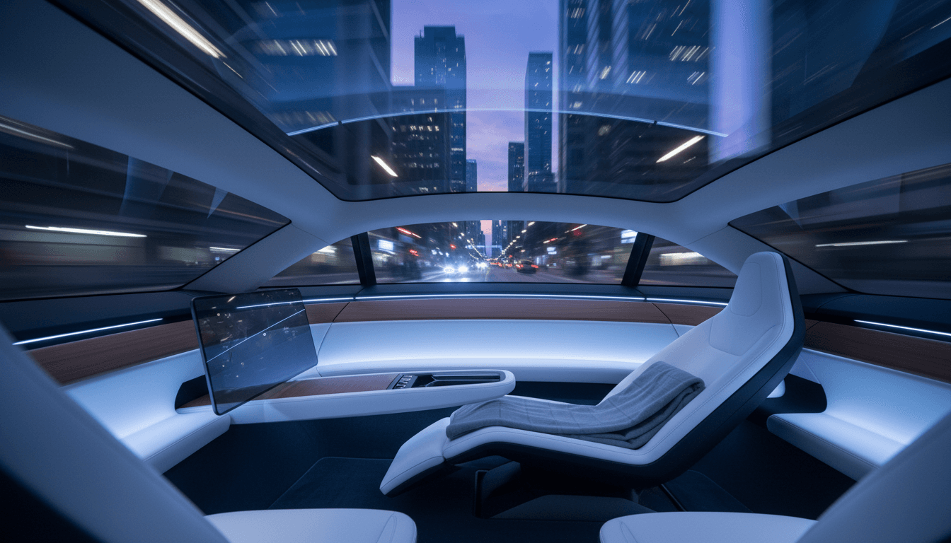 A futuristic Tesla interior with no visible driver, representing the autonomous driving promise.