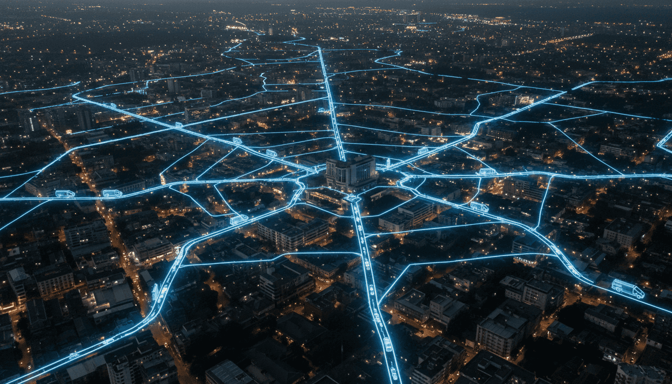 An abstract, interconnected network of glowing blue lines representing the Lagos EV charging expansion, converging on a stylized, illuminated building resembling the Federal Palace Hotel, set against a backdrop of a bustling but subtly futuristic Lagos skyline at dusk.