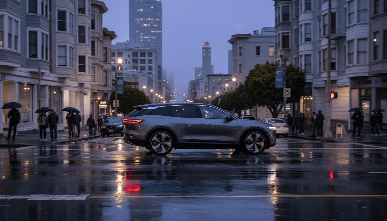 A sleek, modern self-driving Lucid Gravity electric SUV glides silently down a rain-slicked San Francisco street at dusk, its autonomous sensors subtly glowing.