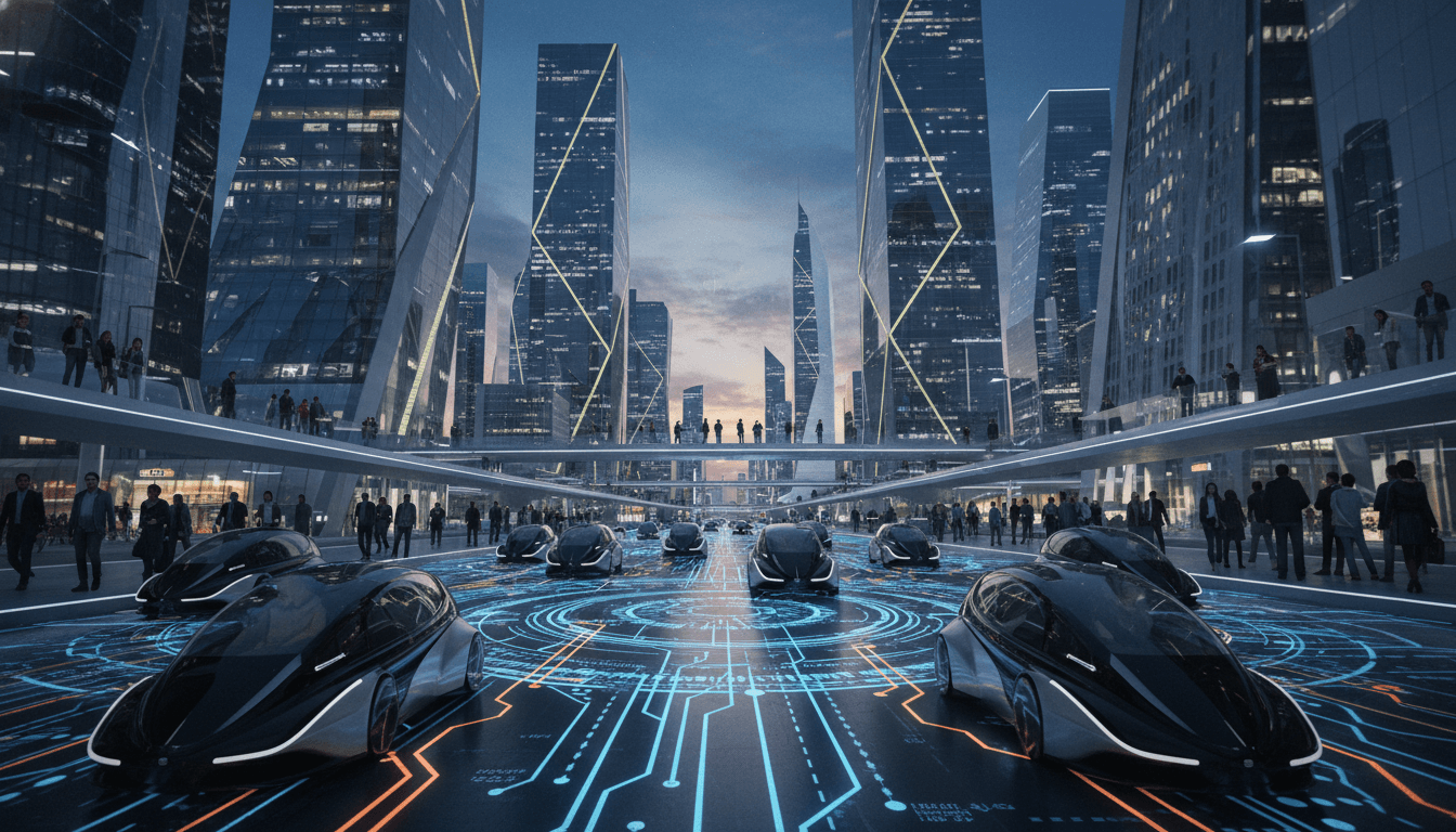 A futuristic urban skyline at dusk, crisscrossed by glowing data lines representing the interconnectedness of autonomous vehicle progress and AI.