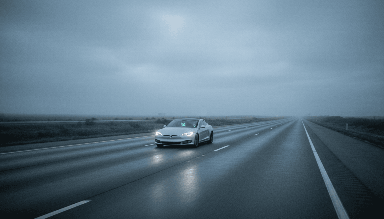 A Tesla vehicle driving autonomously on a highway with a faint, almost imperceptible glow in the distance, symbolizing the invisible Tesla remote control by human operators.