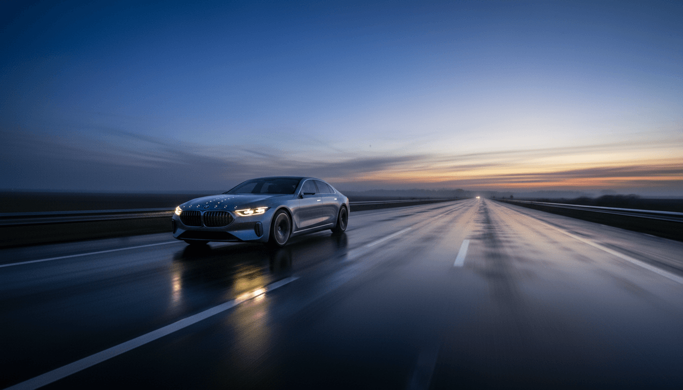A futuristic luxury car with advanced sensors visible, parked on a deserted, rain-slicked highway at dusk, conveying a sense of advanced technology pausing in its journey towards full eyes-off self-driving.