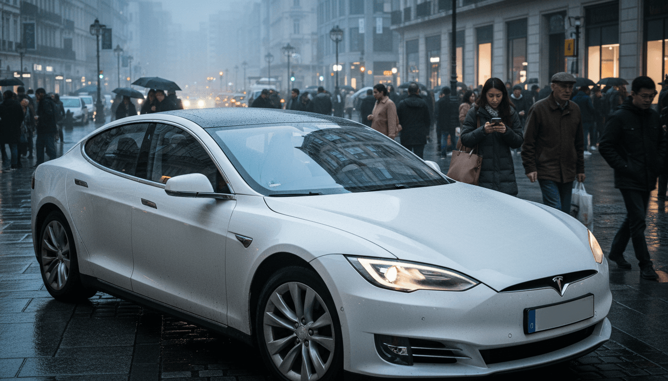 A detailed shot of the dashboard of an older Tesla model, with a blurred view of a city street visible through the windshield, emphasizing that older Teslas will not be fully autonomous.