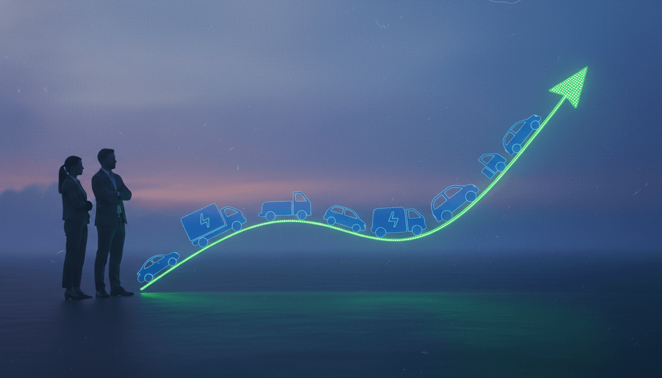 A conceptual image depicting European new car registrations. A vibrant green arrow curves upwards, symbolizing growth, with smaller electric vehicle icons moving along its path, representing the 19.4% battery-electric market share.