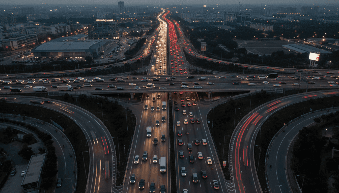 An aerial view of a busy motorway during rush hour, showing a mix of hybrid and traditional vehicles, illustrating the impact of the car tax raid.