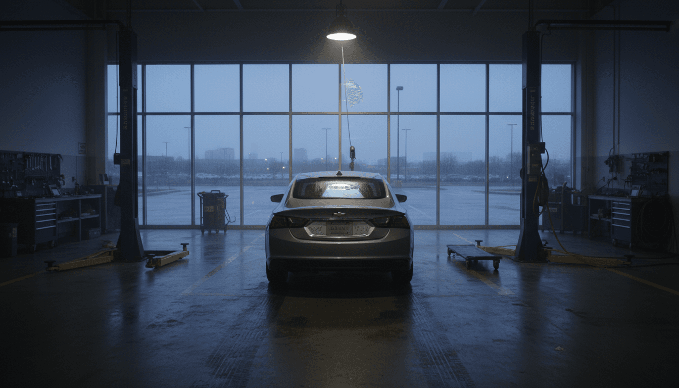 A silhouette of a Chevrolet Malibu parked in a dimly lit, empty dealership service bay, emphasizing the Chevrolet Malibu rearview camera issue.