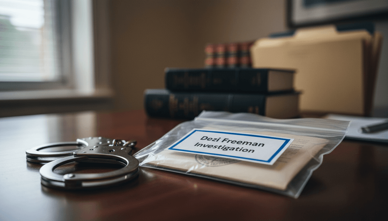 A police evidence bag containing a document labeled 'Dezi Freeman Investigation' rests on a dark table, with a blurred police badge in the background.