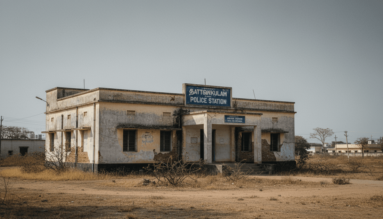 A wide, somber environmental shot of the Sattankulam police station where the custodial deaths occurred, under a cloudy sky.