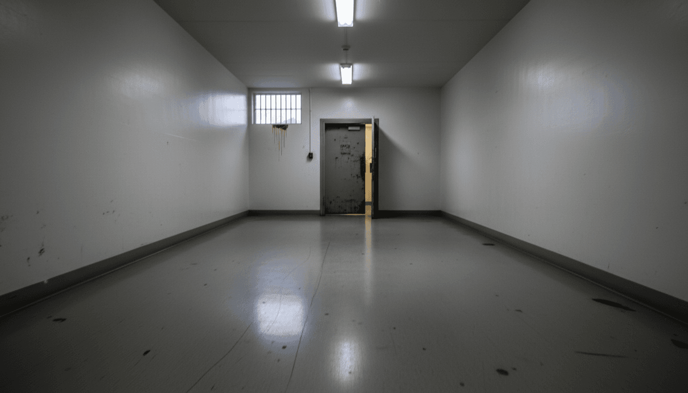 A dimly lit, empty hallway in a Pima County detention facility after a Pima County deputy arrest.