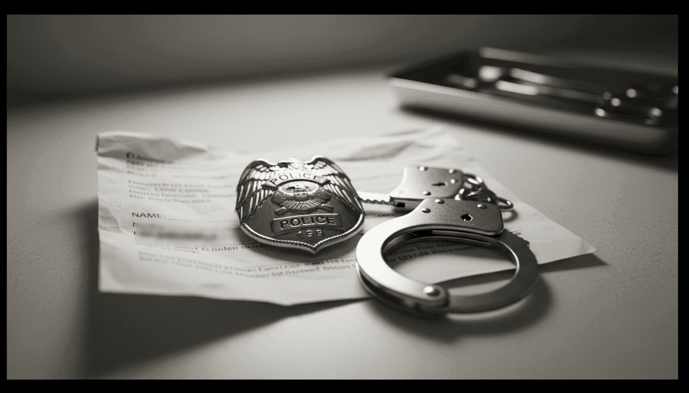 A police badge and handcuffs resting on a hospital patient's chart, symbolizing the Manipal police action and hospital kidnapping.