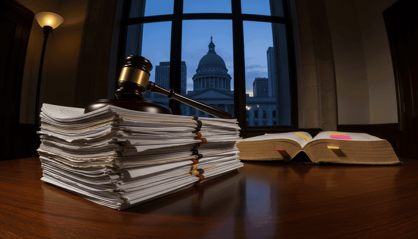 A stack of legal briefs and documents, with a gavel resting on top, symbolizing the new trial bid in the Carwell murder case.
