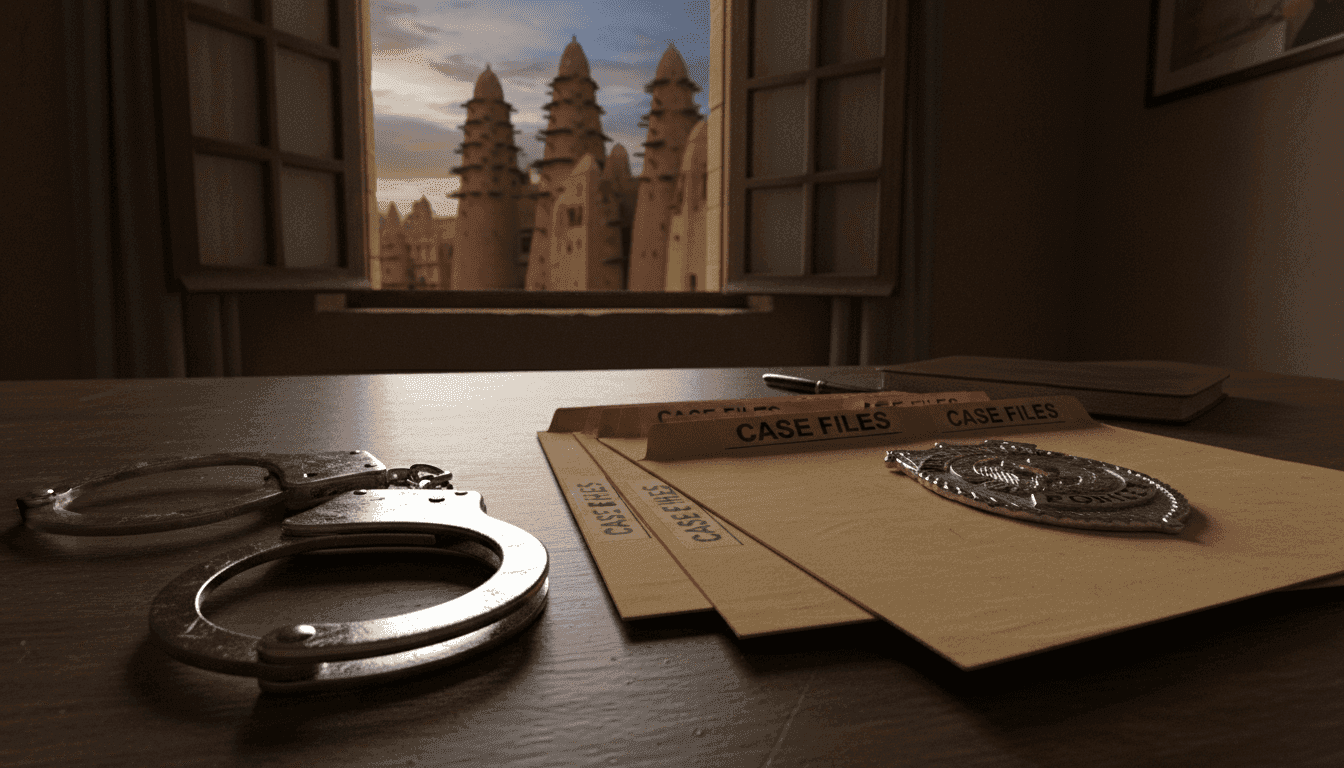 A composed still life featuring police handcuffs, a stack of official case files, and a small 'Katsina State Police' emblem, symbolizing the dramatic Katsina arrests.