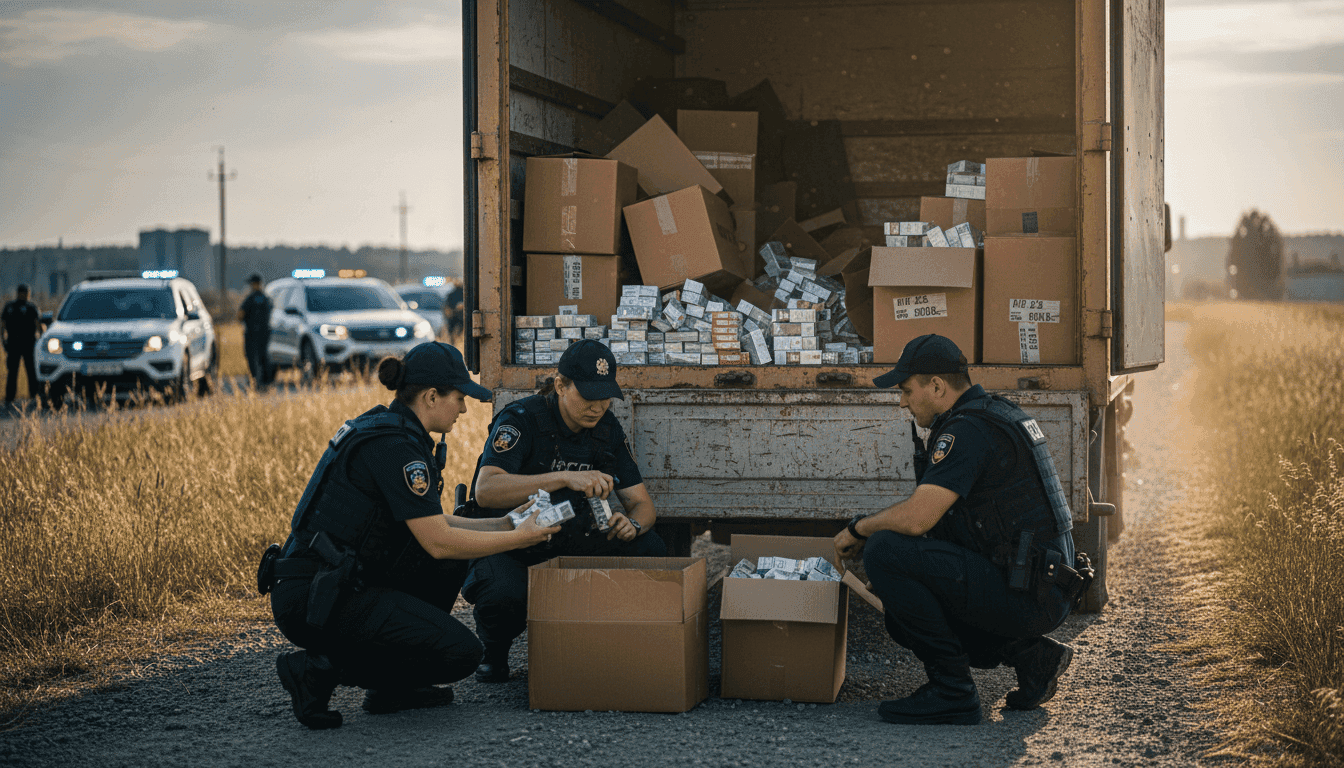 Police officers inspecting a large haul of illicit cigarettes boxes stacked in the back of a recovered transport vehicle on Negros Island.