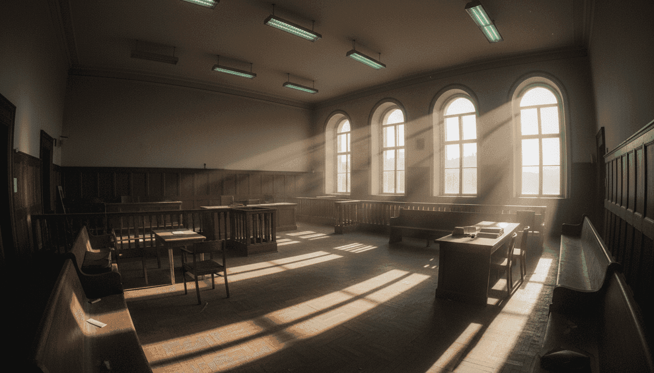 A dimly lit courtroom after a dramatic manslaughter verdict has been delivered, reflecting the solemnity of the judicial process.