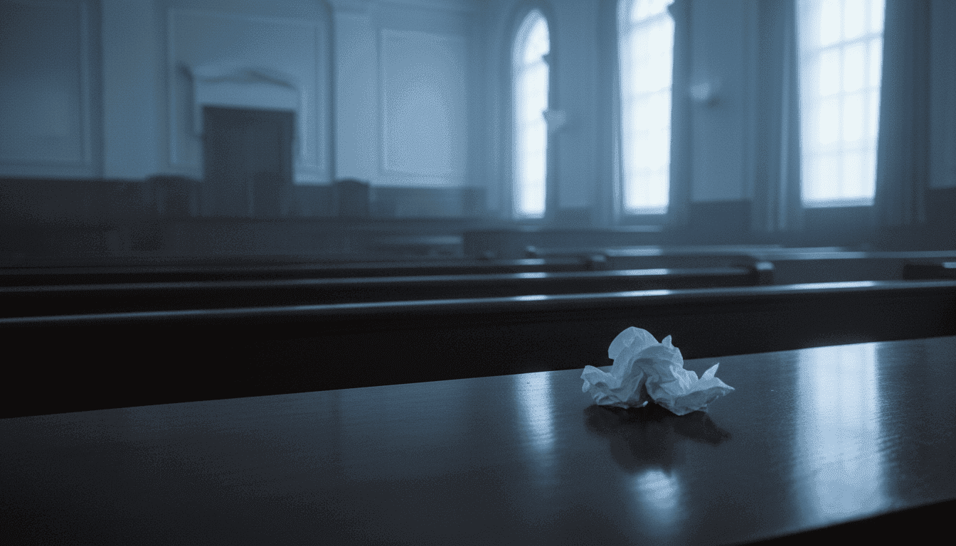 A close-up of a single, crumpled tissue on a polished courtroom bench, symbolizing the emotional impact of the Dramatic Athena Strand trial footage.