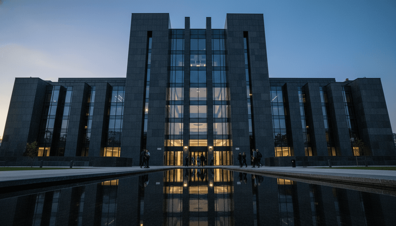 A wide environmental shot of a modern courthouse facade, symbolizing the legal proceedings for a reduced sentence for Semmie Williams.
