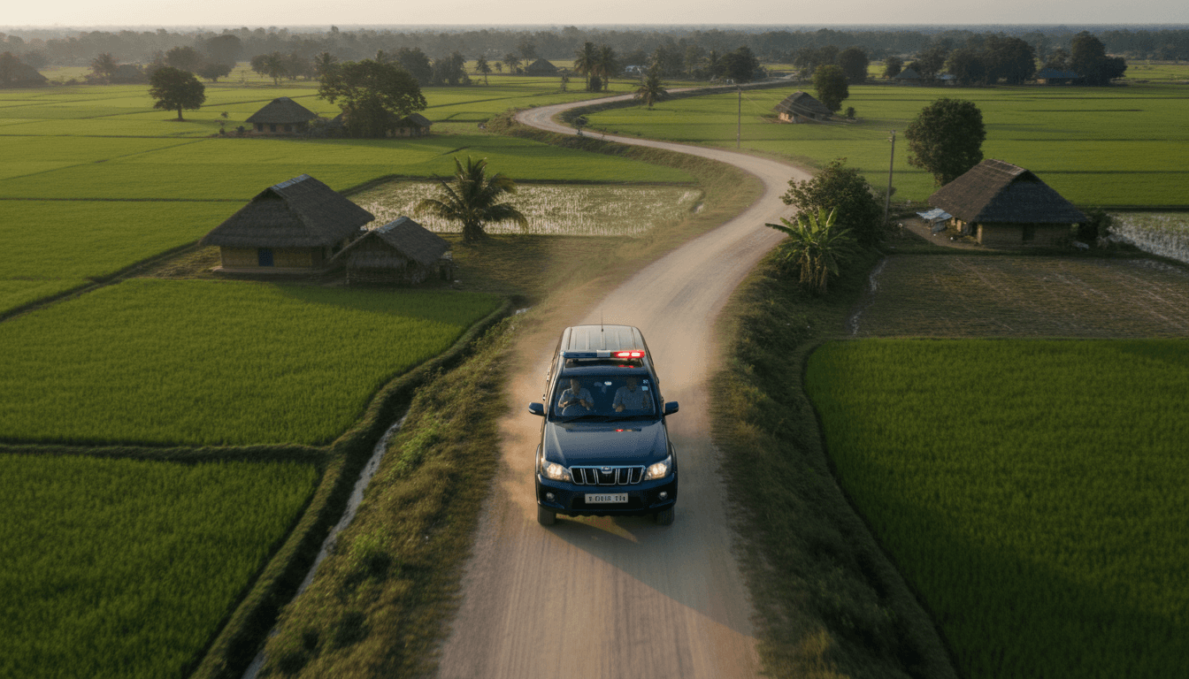 An aerial view showing a police vehicle on a rural road in Assam, symbolizing the successful inter-state operation in the minor kidnapping case.