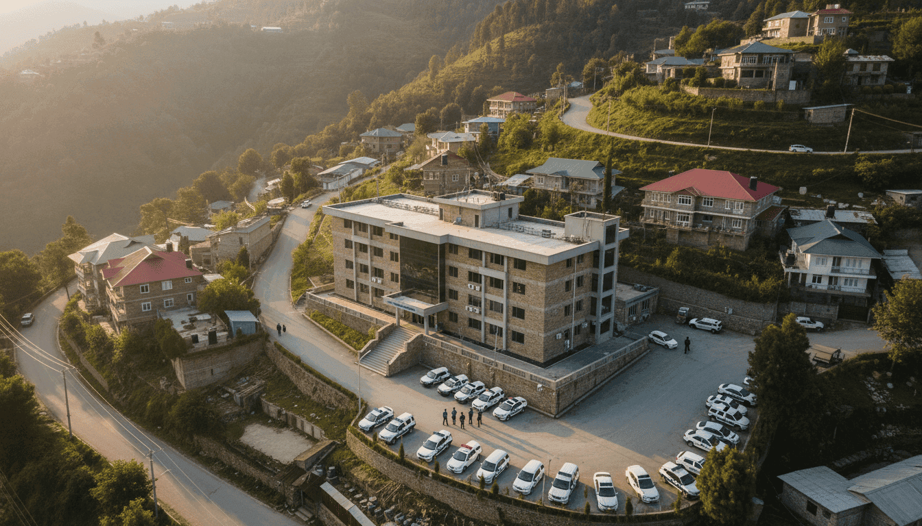 An aerial view of the Murree police achievement 2026, showing a modern police station building amidst the town's landscape.