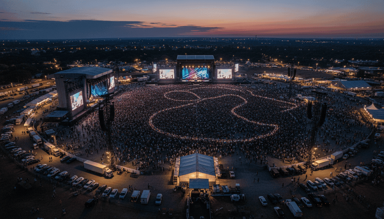An aerial view showing a vast, illuminated concert arena, symbolizing the Live Nation verdict's impact on live entertainment infrastructure.