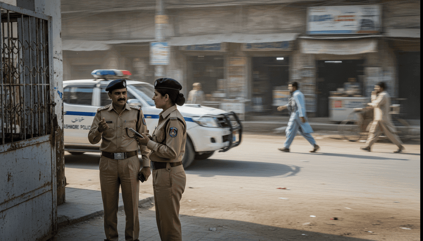 Kashmore Police officers standing outside a police station after tracing out a dacoity murder case.