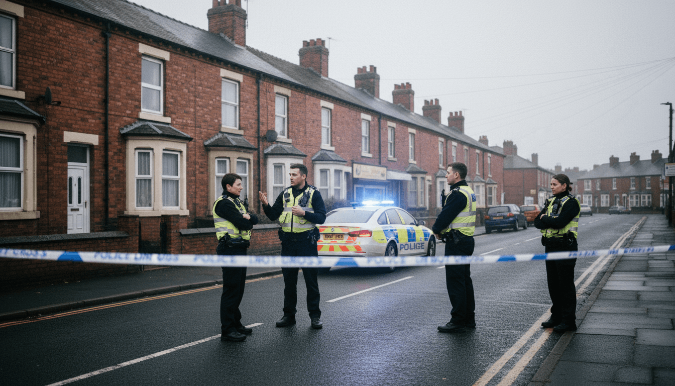 Police tape and officers at the scene of an Accrington murder investigation.
