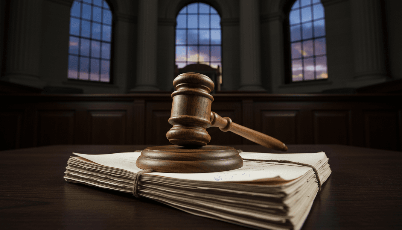 A close-up of a wooden gavel resting on a legal brief, symbolizing the conclusion of the Evansville murder trial.