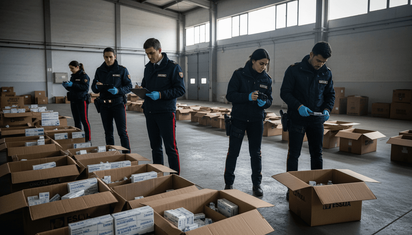 Police officers in Reggio Emilia inspecting a warehouse filled with boxes of pharmaceutical products, some clearly labeled as cancer drugs, during the investigation of a cancer drug theft.