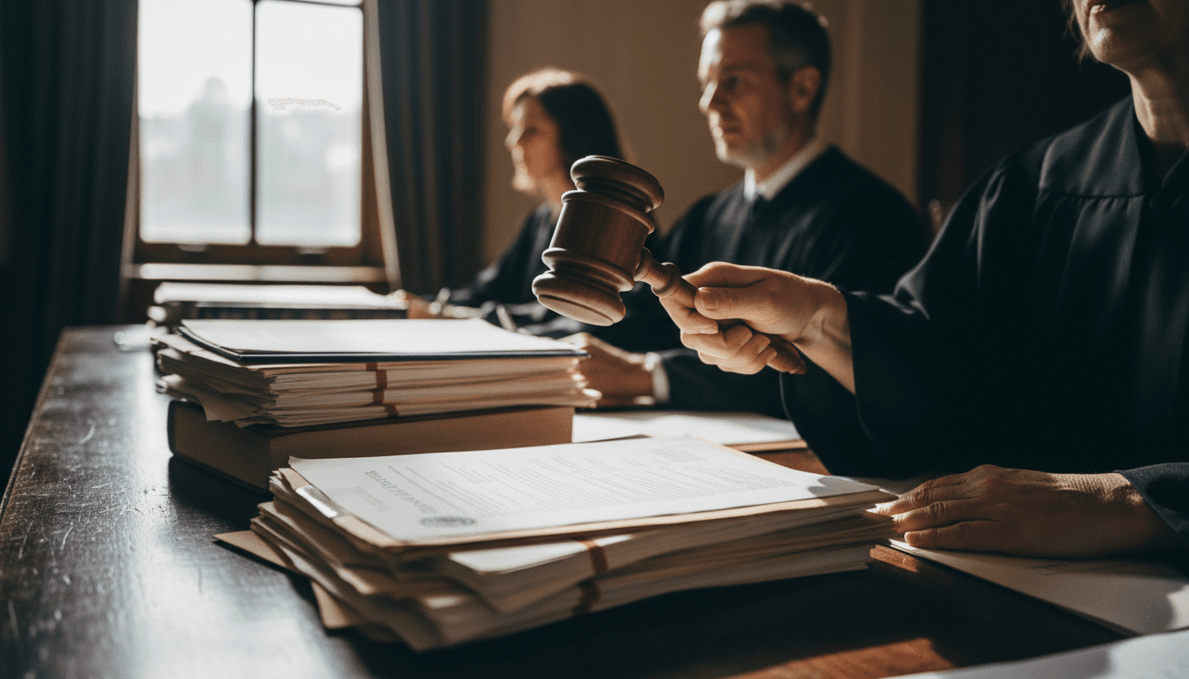 A split Supreme Court bench illustration with gavels and legal documents symbolizing the Supreme Court divided over Roundup cancer warning lawsuits.