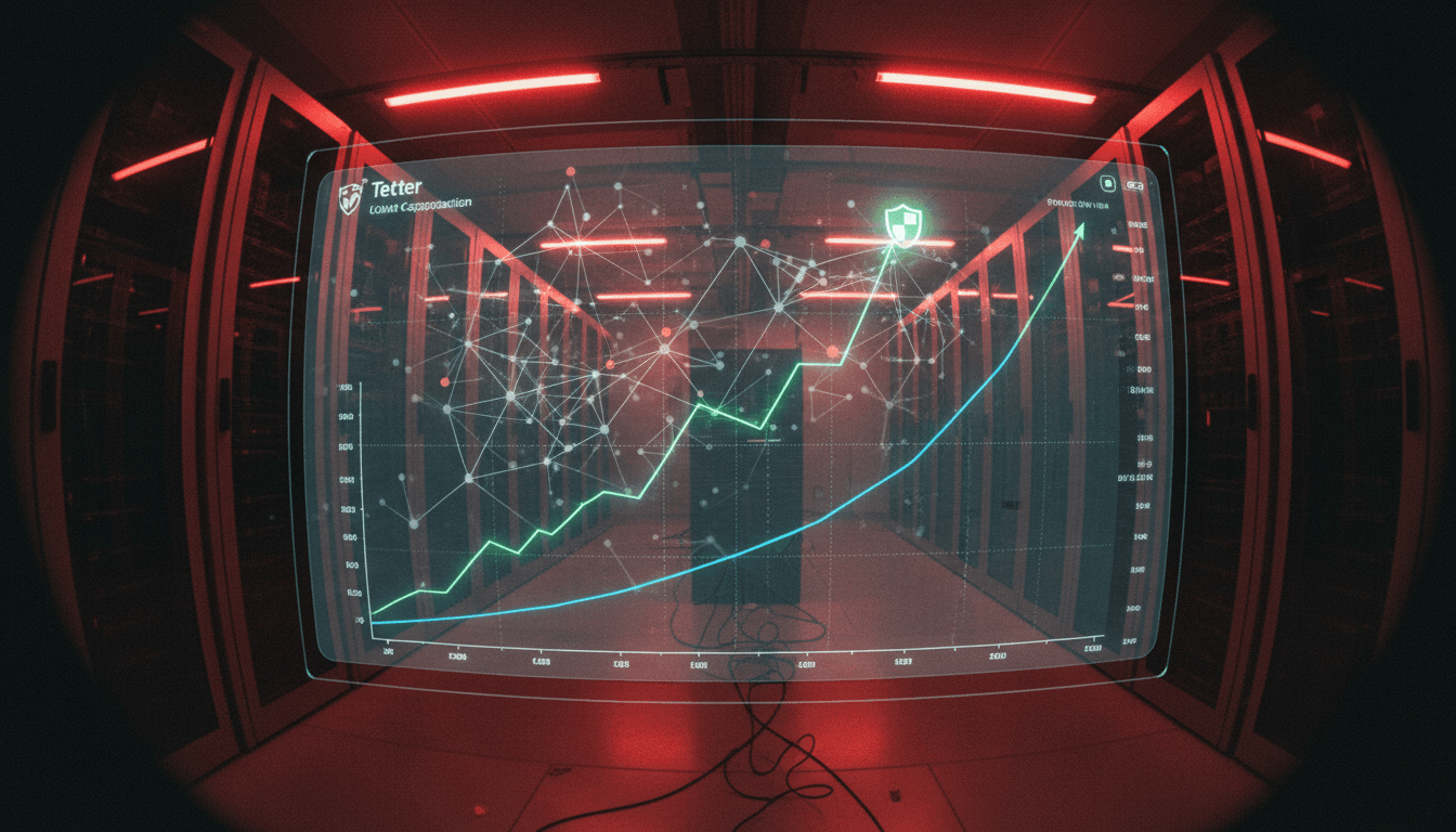 A digital representation of Tether USDT dominance rising on a crypto market chart, with a shield icon overlay.