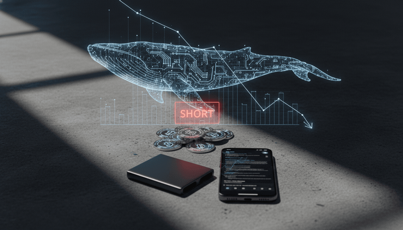A digital representation of a Hyperliquid whale Bitcoin short position, showing a whale silhouette amidst crypto charts.