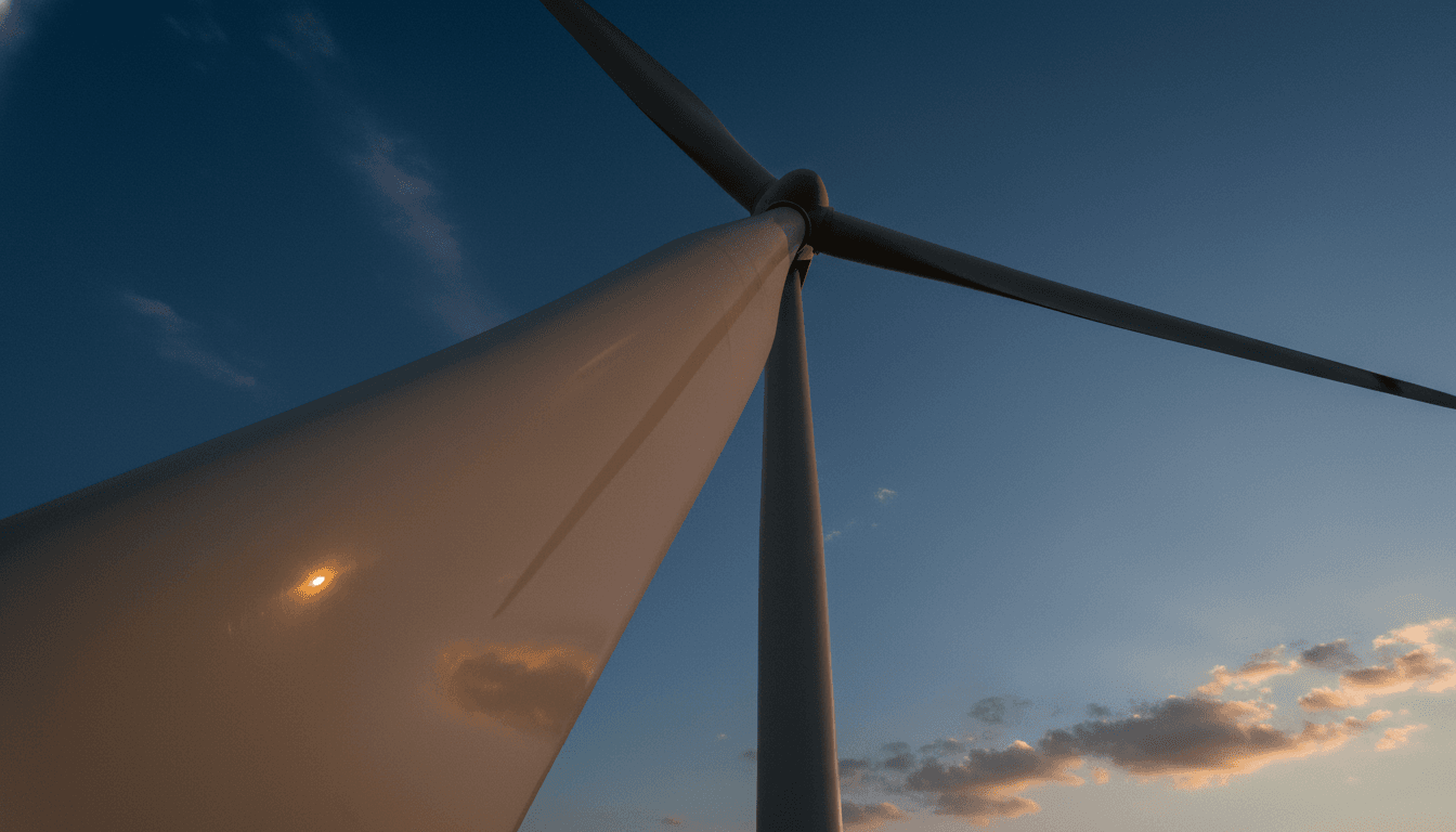 A close-up detail of a modern wind turbine blade, sleek and white, reflecting the sky and hinting at the massive India wind capacity additions.