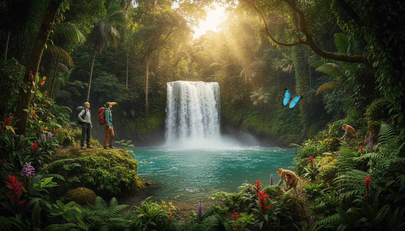 A vibrant waterfall cascading through a lush, dense rainforest, symbolizing the beauty and fragility of ecosystems facing global environmental problems.