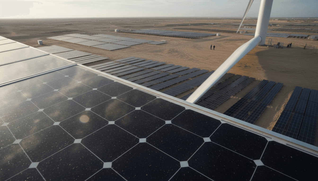 A close-up detail of a solar panel array with a wind turbine blade visible in the background, symbolizing the Egypt renewables surge.
