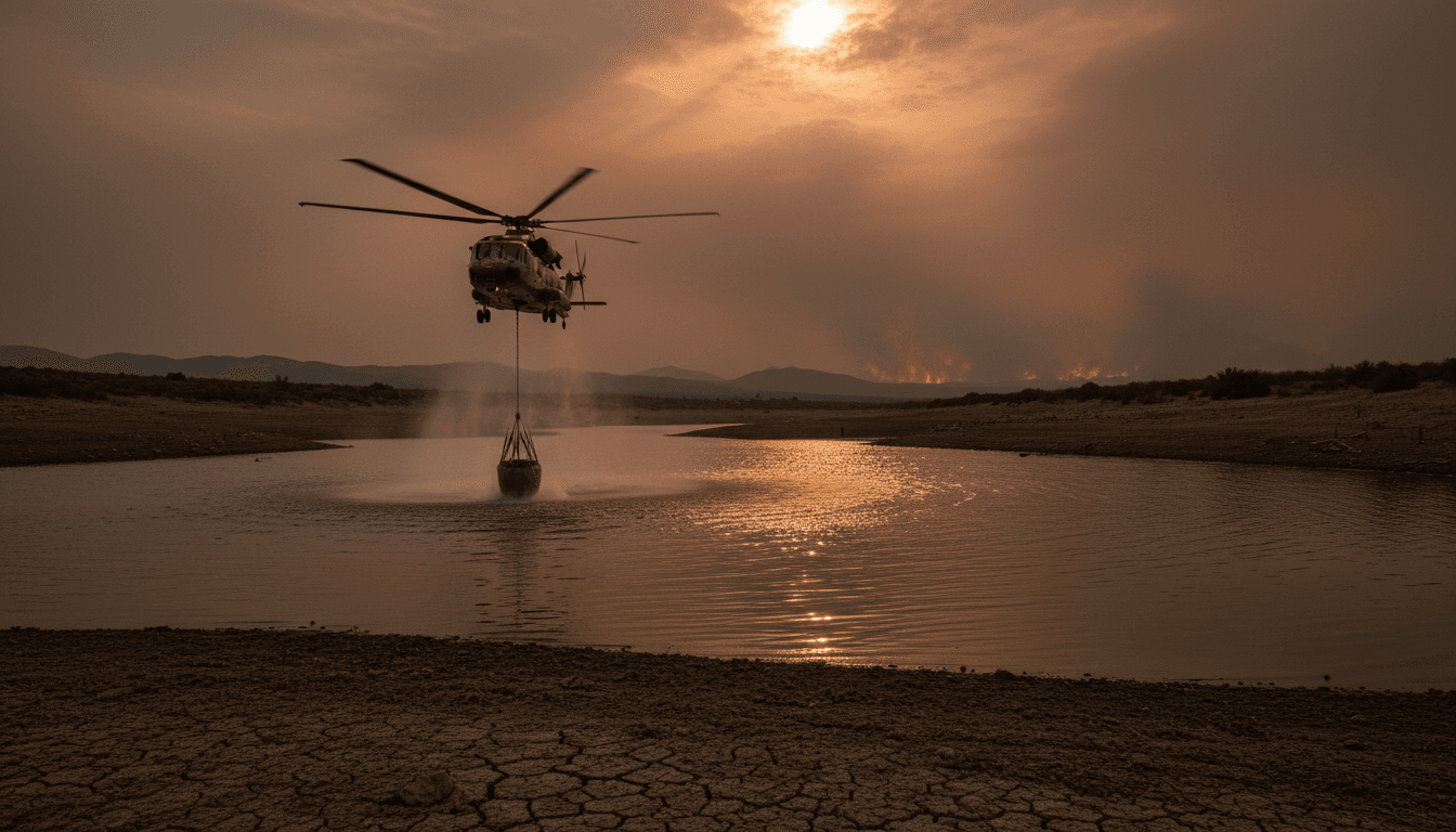 A parched, cracked earth landscape under a blazing sun, with distant smoke plumes from an Unprecedented West heat wildfire.