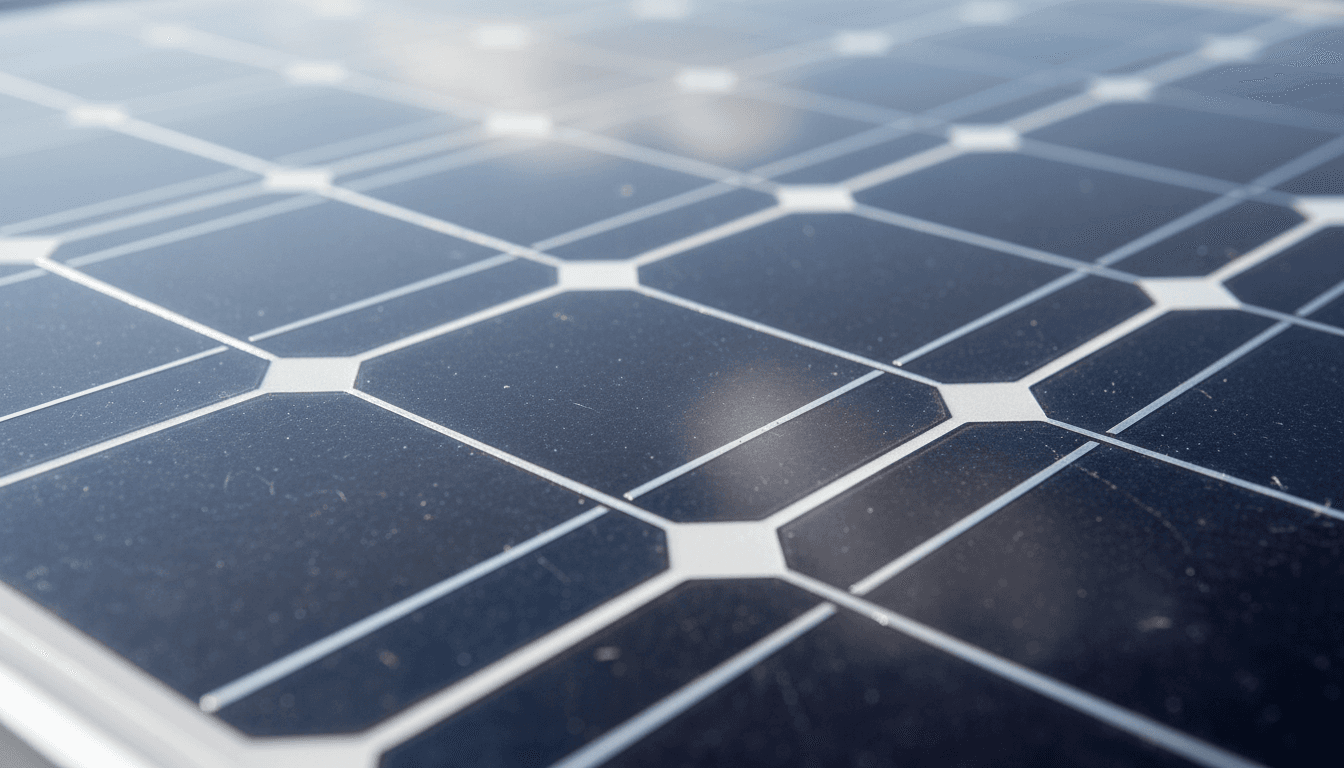 Close-up detail of a solar panel's crystalline surface reflecting a clear sky, symbolizing landmark Ontario renewable contracts.