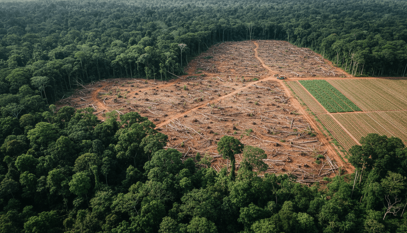Aerial wide shot of a vast area of the Amazon rainforest showing a stark contrast between dense, untouched forest and clear-cut, deforested land with agricultural development, illustrating the impact linked to UK green jet fuel.