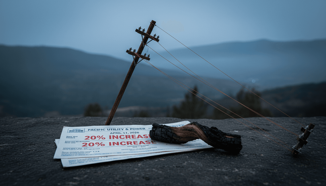 A detailed still life composition featuring a stack of California utility bills, some with bold red 'PAST DUE' stamps, next to a charred piece of wood and a miniature power line pole, symbolizing the direct link between wildfire costs and increased household expenses due to climateflation.