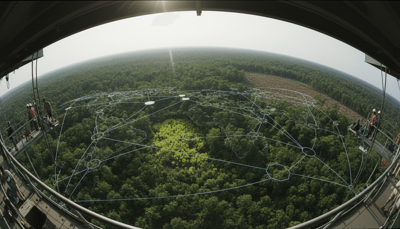 A stylized, glowing digital overlay of a global deforestation roadmap, showing interconnected pathways through lush green forests and clearings, symbolizing progress and challenges.