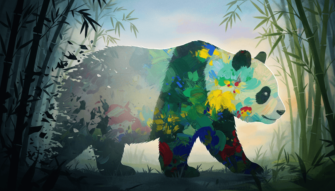 A vibrant, conceptual illustration representing the iconic species’ status shift of the giant panda, showing a panda silhouette transitioning from a shadowed, precarious state to a brightly illuminated, thriving form amidst lush green bamboo forests under a hopeful sky.