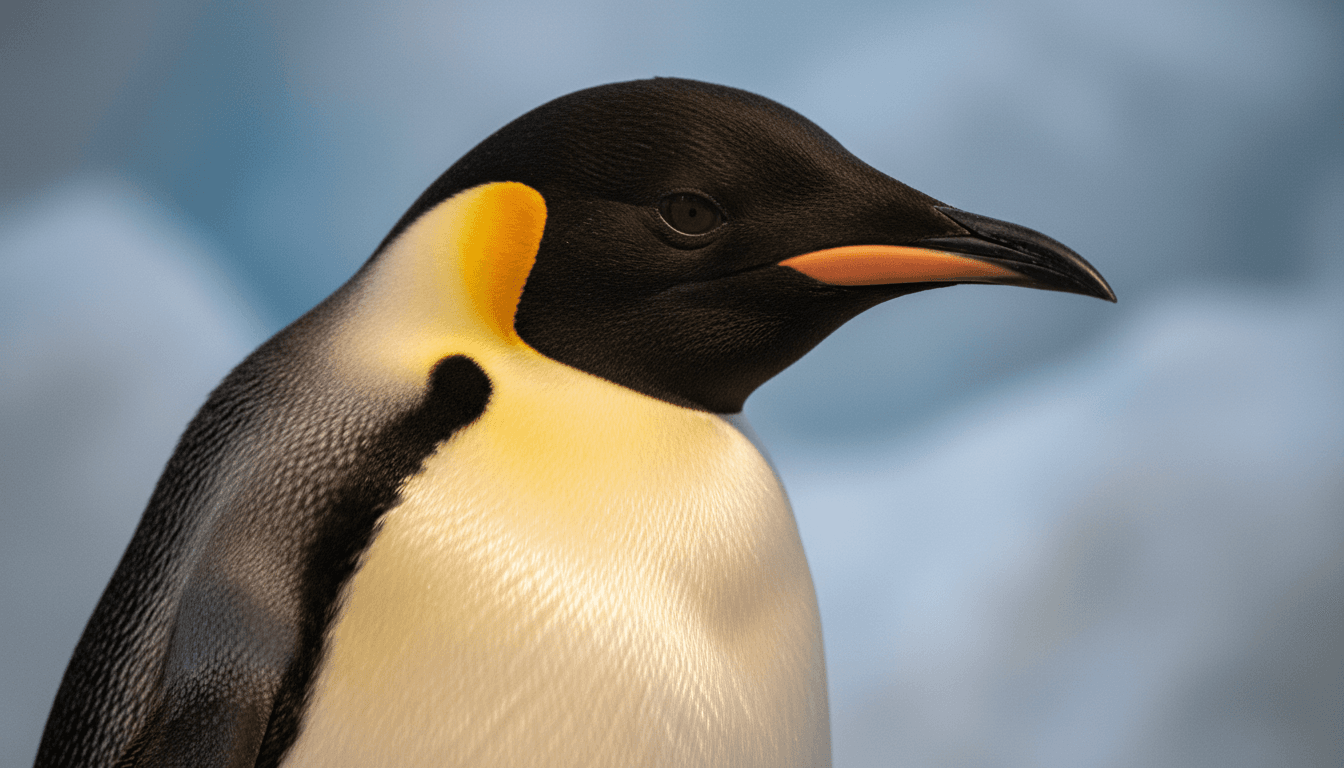 A close-up detail of an Emperor Penguin's head and chest, showing its distinctive yellow-orange plumage against a stark white background, emphasizing its vulnerability due to the Emperor Penguin endangered listing.