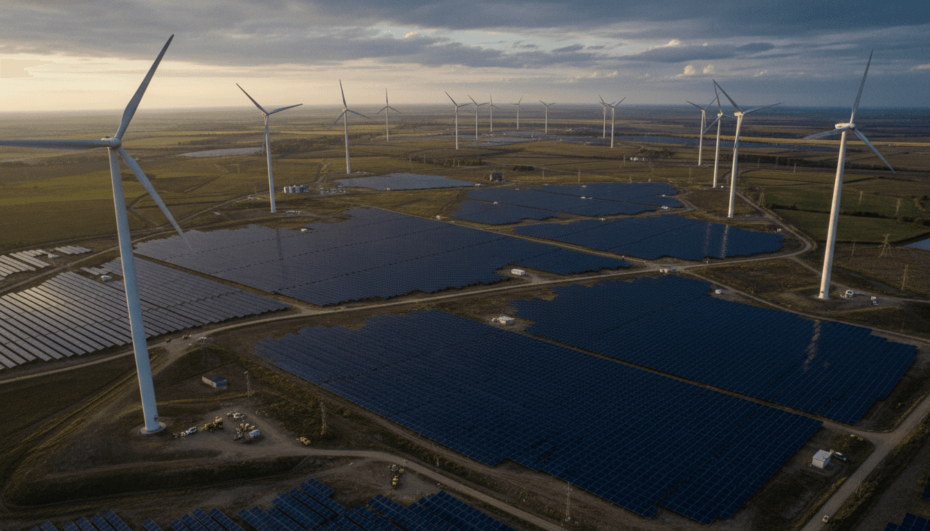A panoramic view of a massive wind plus solar plant, with towering wind turbines silhouetted against a setting sun, and vast arrays of solar panels stretching into the distance.