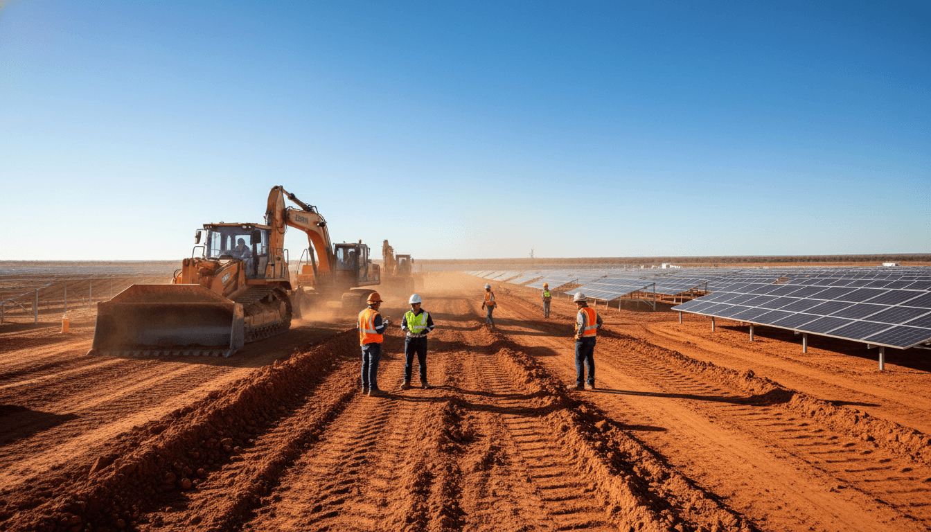 An aerial view of an expansive solar farm under construction in the dusty Pilbara region, with a glimpse of new transmission lines extending towards a distant mining operation, illustrating the Fortescue Pilbara renewable grid.