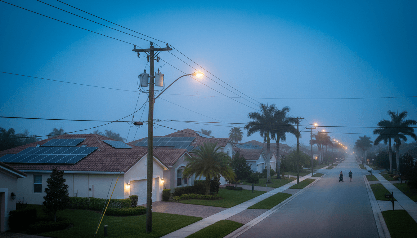 A street-level candid shot of a modern suburban street in Florida, with numerous rooftops featuring visible solar panels, illustrating the Florida solar surge.