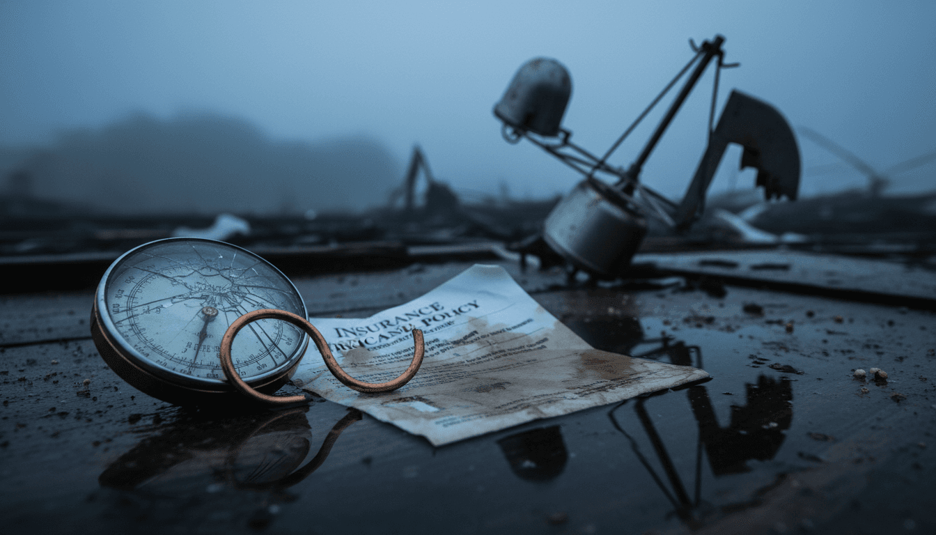 A detailed still life composition featuring a shattered barometer, a water-damaged insurance policy document, and a broken wind speed indicator, symbolizing how global warming fuels stronger hurricanes.