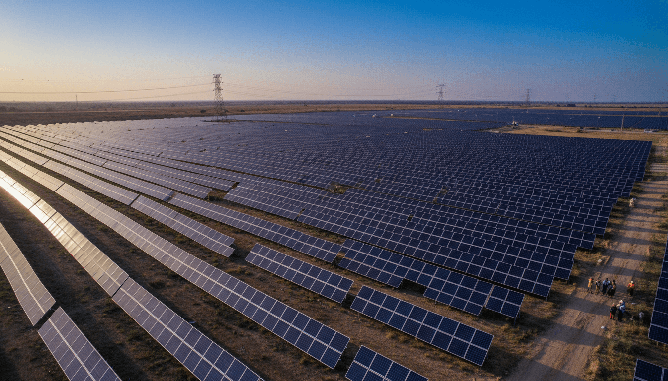 A wide shot of a vast solar power farm stretching across a dry, arid landscape in India, with numerous solar panels reflecting the intense sunlight, symbolizing the nation's efforts to reduce India’s carbon emissions.