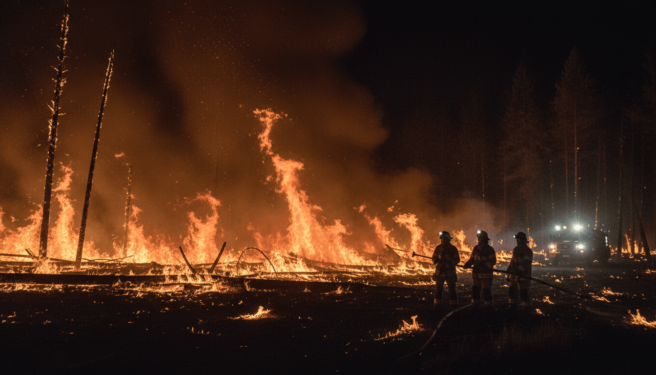 A wide shot of a forest fire burning actively through the night, with flames visible against the dark sky, illustrating the erosion of nighttime wildfire breaks.